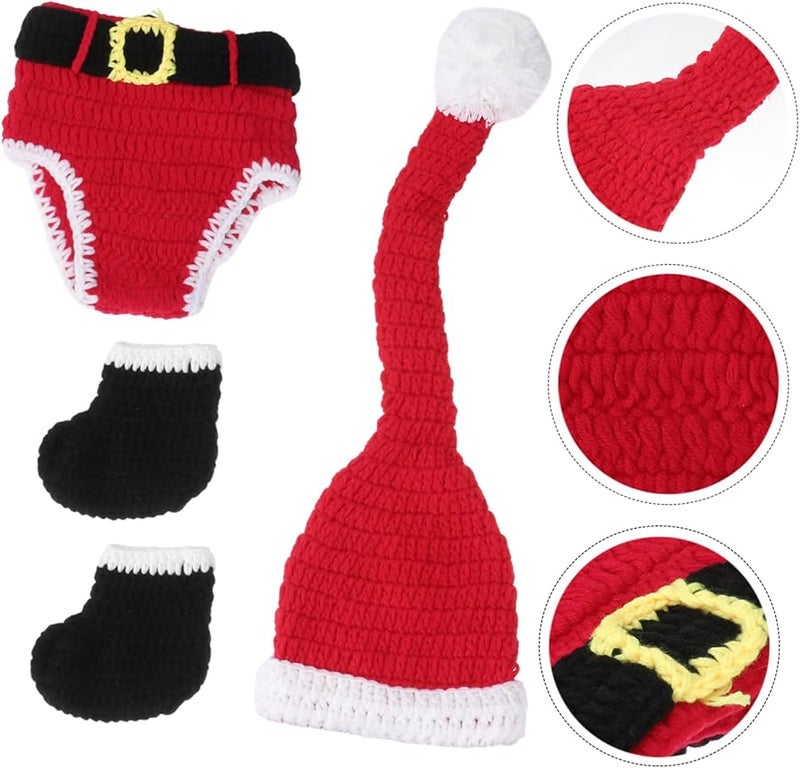 قبعة سانتا كروشيه عيد الميلاد لحديثي الولادة للأولاد والبنات محايدة الجنس قبعة محبوكة يدويًا ودعائم التصوير - Image 5